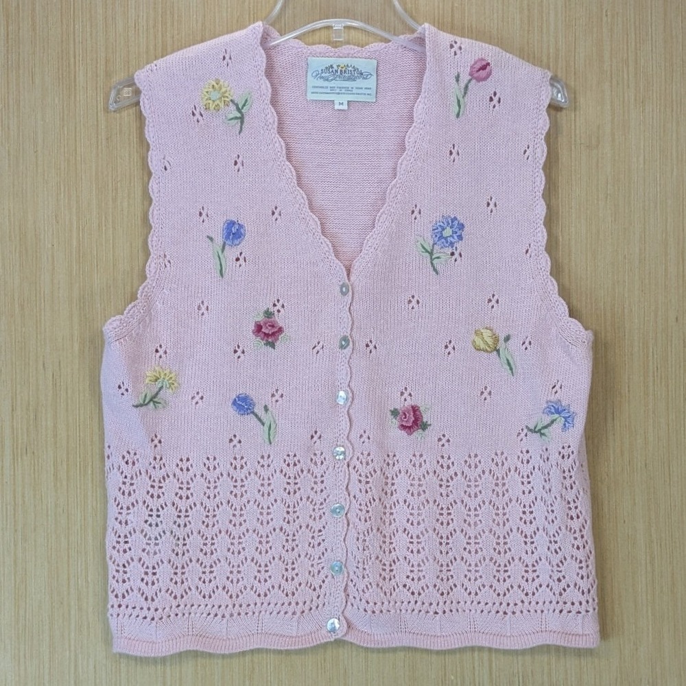 Susan Bristol Vintage 90s Cottagecore Granny Chic Pink Floral Knit Vest Medium